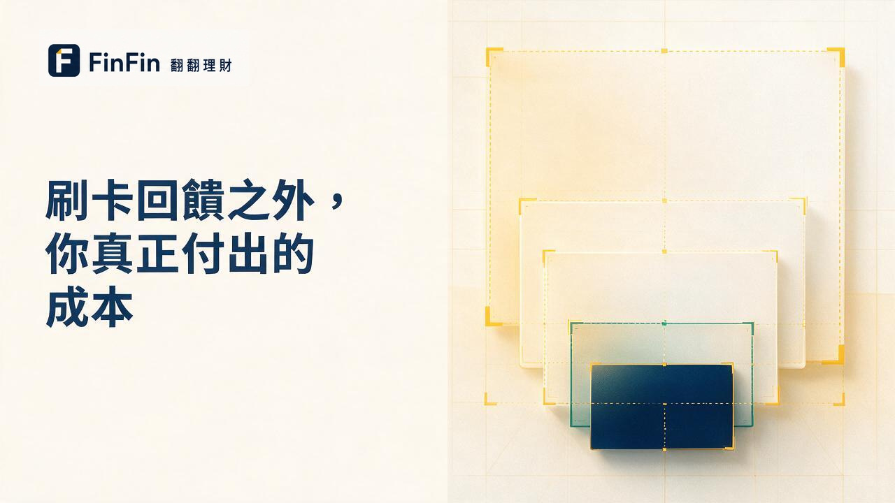 暖白畫布左側是刷卡成本文章標題與 FinFin 標誌,右側以深藍青綠層疊方框呈現成本侵蝕