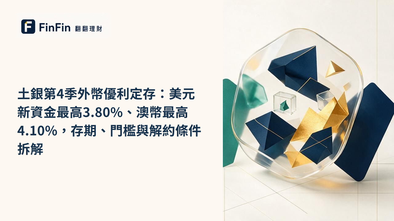 土銀第4季外幣優利定存：美元新資金最高3.80%、澳幣最高4.10%，存期、門檻與解約條件拆解的 FinFin 編輯視覺