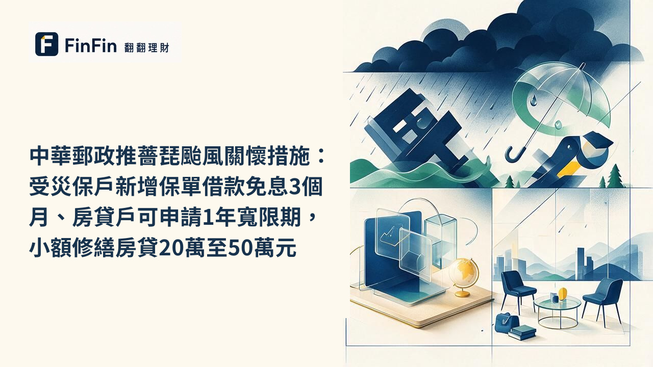 中華郵政推薔琵颱風關懷措施：受災保戶新增保單借款免息3個月、房貸戶可申請1年寬限期，小額修繕房貸20萬至50萬元的 FinFin 編輯視覺