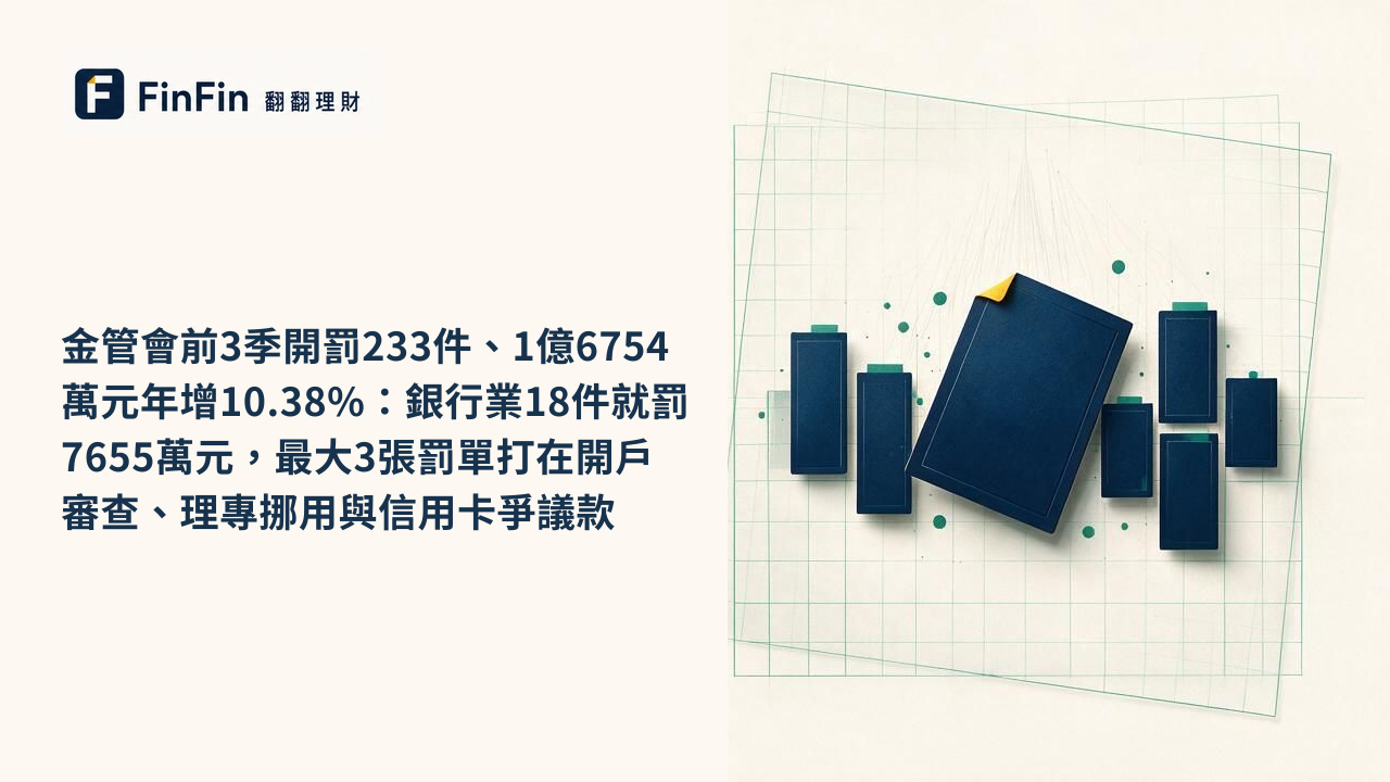 金管會前3季開罰233件、1億6754萬元年增10.38%:銀行業18件就罰7655萬元,最大3張罰單打在開戶審查、理專挪用與信用卡爭議款的 FinFin 編輯視覺