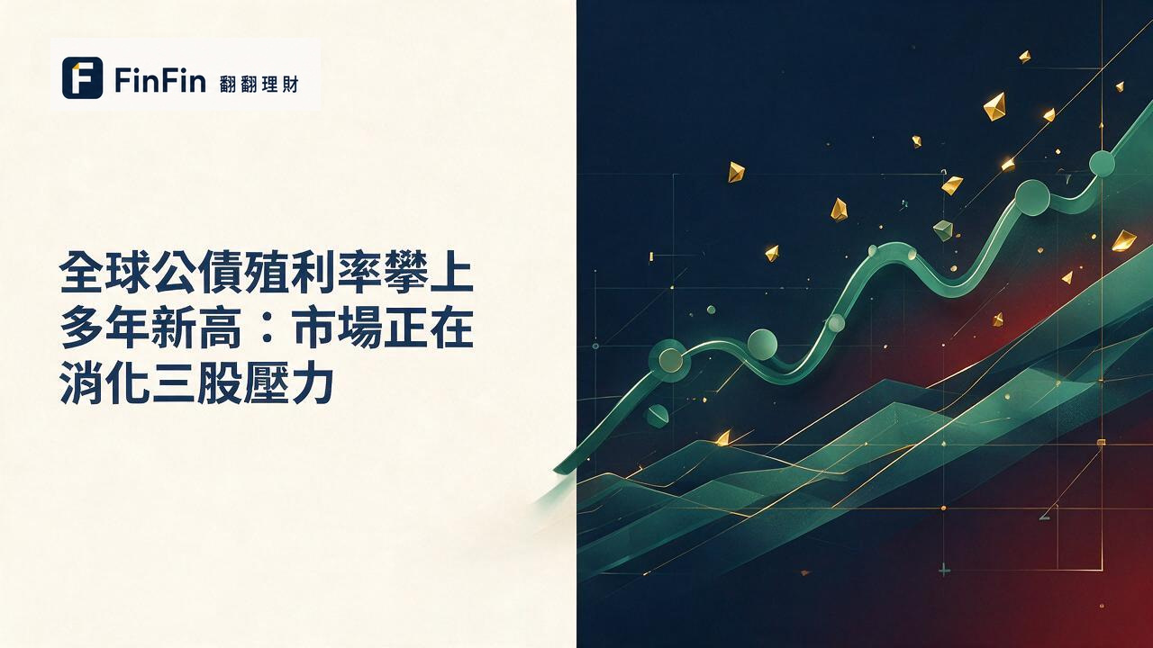 深藍暗紅漸層背景上,一條向上攀升的抽象曲線,象徵債券殖利率持續走高的市場壓力氛圍