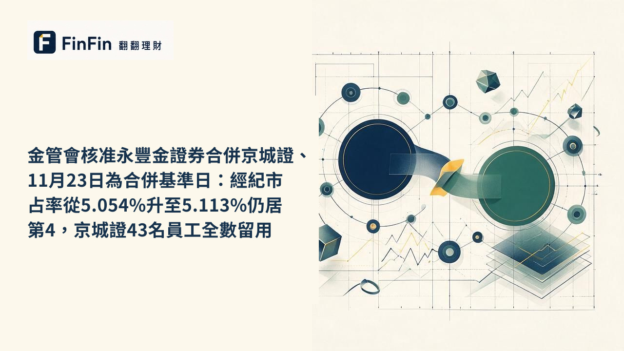 金管會核准永豐金證券合併京城證、11月23日為合併基準日:經紀市占率從5.054%升至5.113%仍居第4,京城證43名員工全數留用的 FinFin 編輯視覺