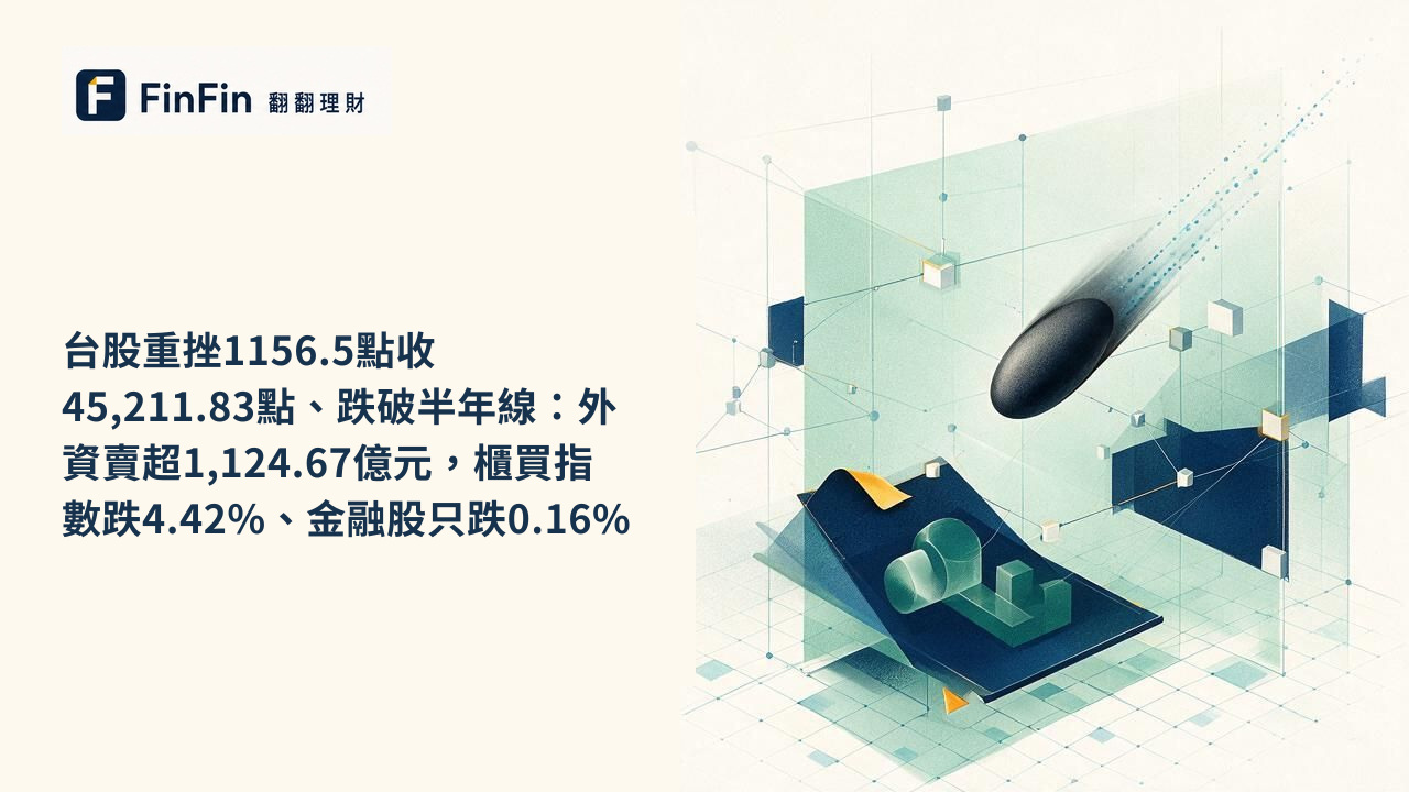 台股重挫1156.5點收45,211.83點、跌破半年線:外資賣超1,124.67億元,櫃買指數跌4.42%、金融股只跌0.16%的 FinFin 編輯視覺