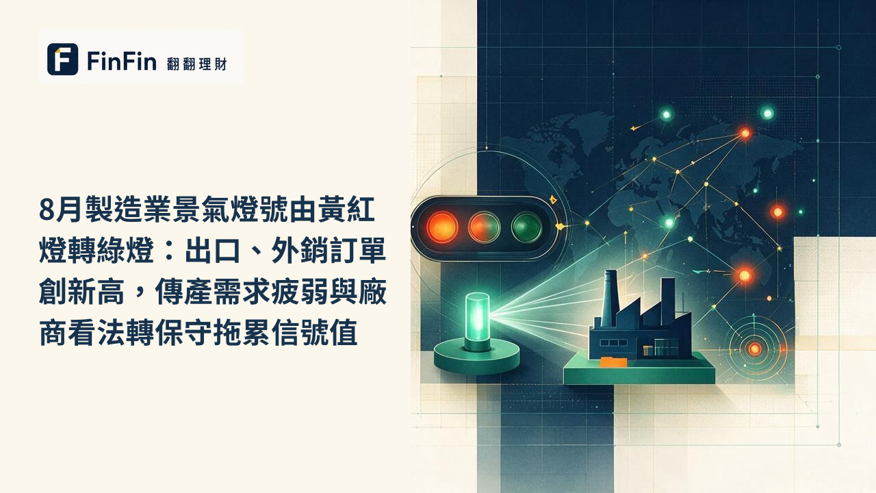 8月製造業景氣燈號由黃紅燈轉綠燈：出口、外銷訂單創新高，傳產需求疲弱與廠商看法轉保守拖累信號值的 FinFin 編輯視覺