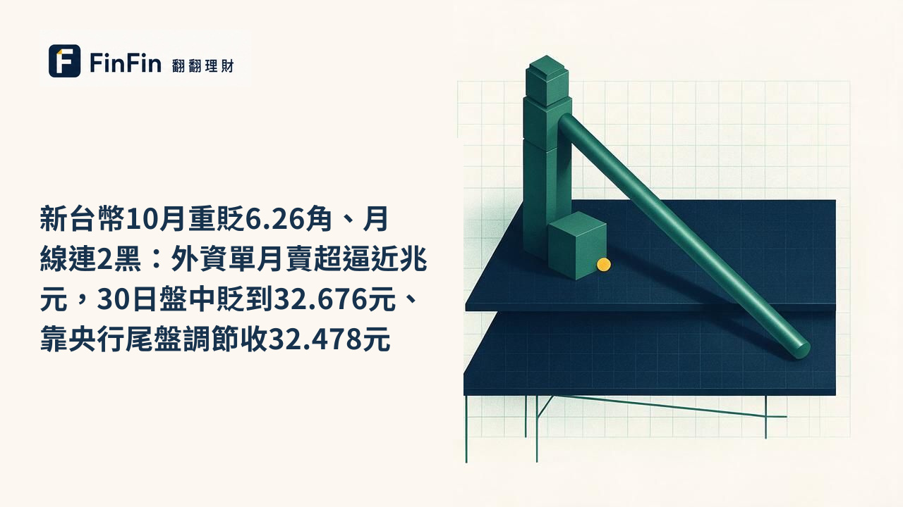 新台幣10月重貶6.26角、月線連2黑:外資單月賣超逼近兆元,30日盤中貶到32.676元、靠央行尾盤調節收32.478元的 FinFin 編輯視覺