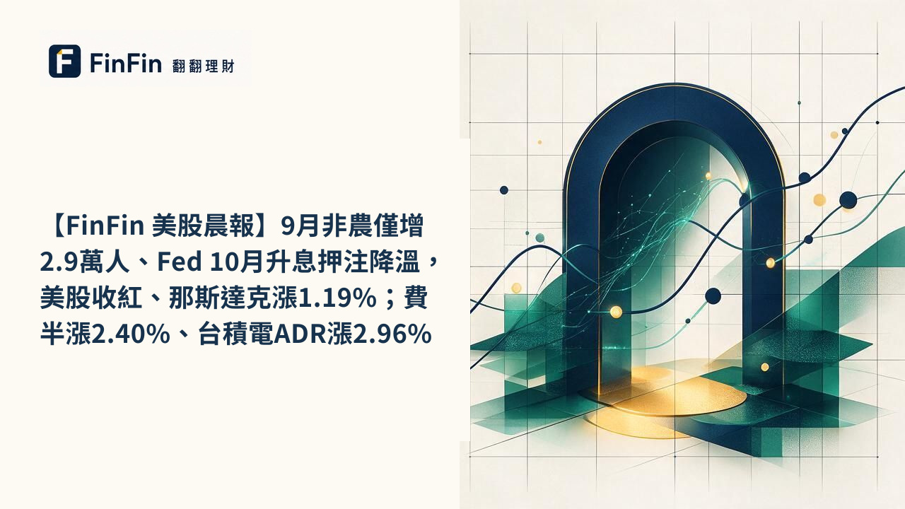 【FinFin 美股晨報】9月非農僅增2.9萬人、Fed 10月升息押注降溫，美股收紅、那斯達克漲1.19%；費半漲2.40%、台積電ADR漲2.96%的 FinFin 編輯視覺