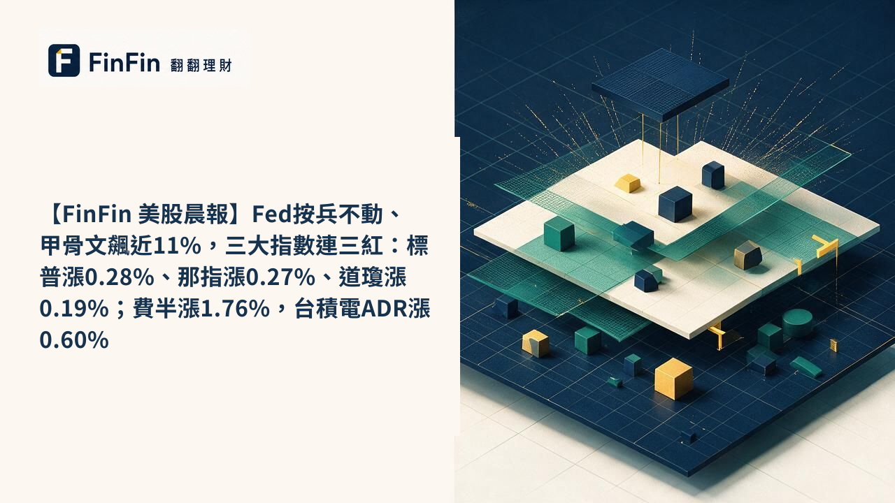 【FinFin 美股晨報】Fed按兵不動、甲骨文飆近11%,三大指數連三紅:標普漲0.28%、那指漲0.27%、道瓊漲0.19%;費半漲1.76%,台積電ADR漲0.60%的 FinFin 編輯視覺